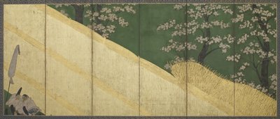 Kirschblüten, ein hoher Zaun und Gefolgsleute, Edo-Periode, 1590-1640 (Farbe und Gold auf Papier) von Tawaraya Sotatsu